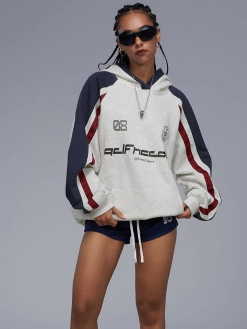 Street Sport Womens Grey Pullover Hoodie with Navy & Burgundy Accents